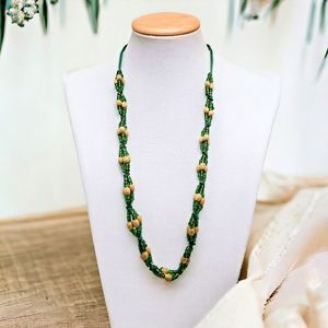 Boho Chic Necklace Green Glass Beaded Wood Triple Strand Lantern Station Cord